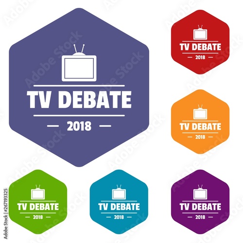 Tv debate icons vector colorful hexahedron set collection isolated on white 