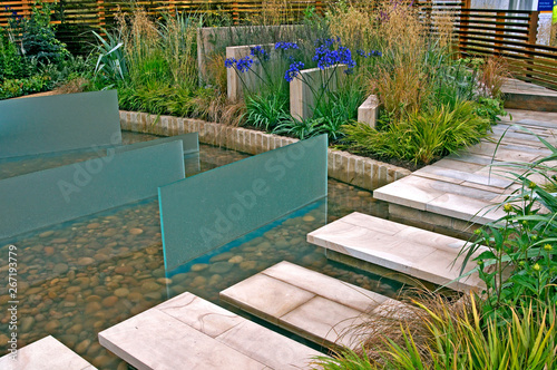 A calm and peaceful modern water garden with grasses and Agapanthus