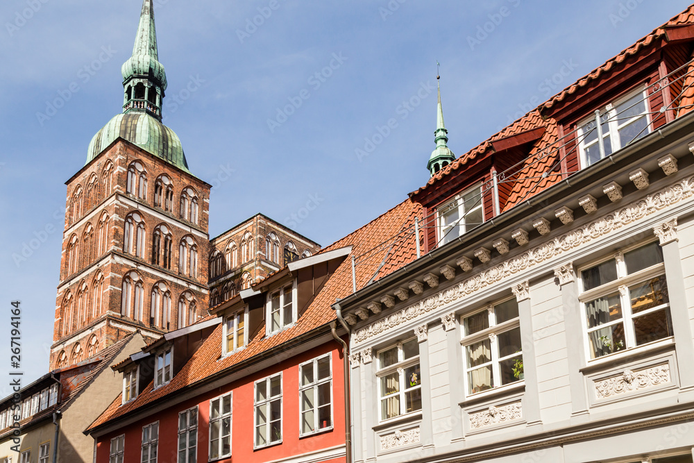 St. Nicholas  Church with old houses. Stralsund, Germany
