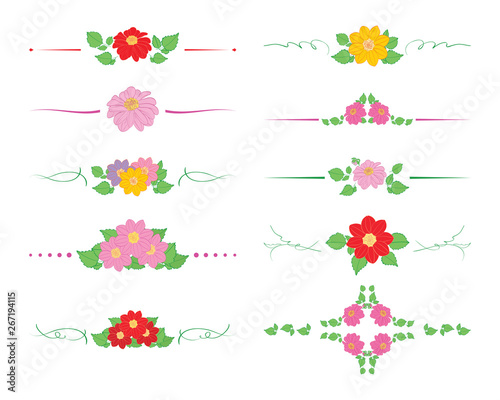 floral and curly dividers with flowers dahlias and green leaves - decorative vector set