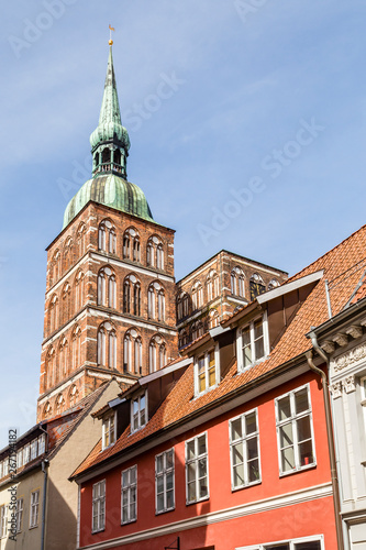 St. Nicholas Church with old houses. Stralsund, Germany