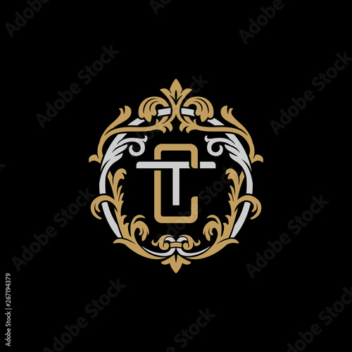Initial letter T and C, TC, CT, decorative ornament emblem badge, overlapping monogram logo, elegant luxury silver gold color on black background