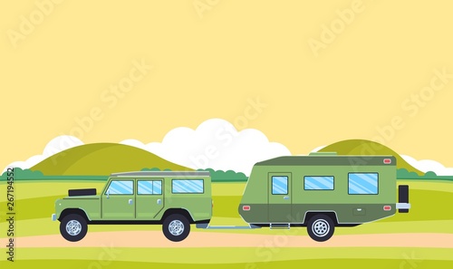 Outdoor car camper travel concept. Offroad suv landscape. Summer auto adventure trip backgrounds. Flat style. Vector illustration.