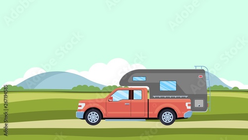 Outdoor car camper travel concept. Offroad suv landscape. Summer auto adventure trip backgrounds. Flat style. Vector illustration.