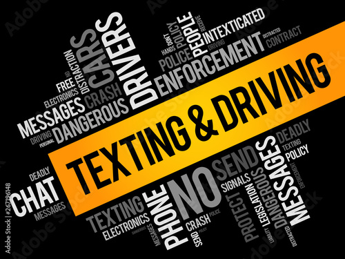 Texting and Driving word cloud collage, social concept background