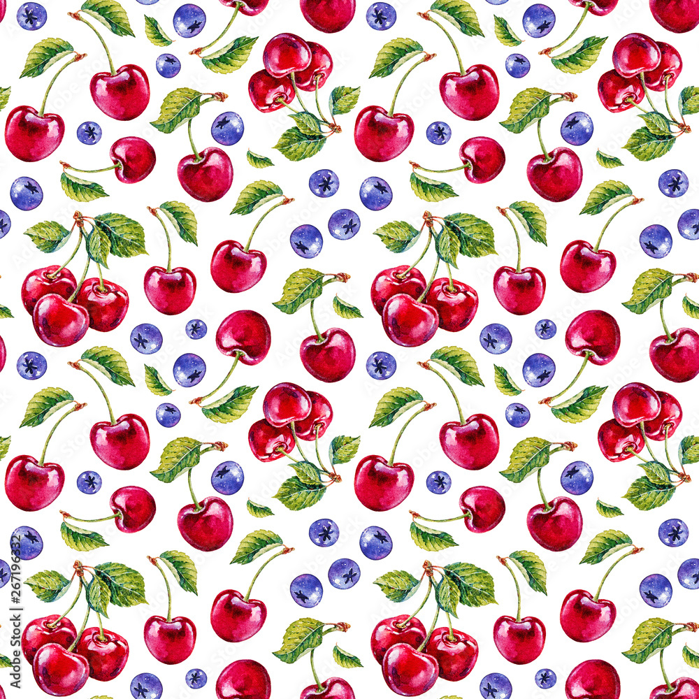 Cherry. Watercolor botanical illustration. Pattern Cherry. Watercolor botanical illustration. Pattern