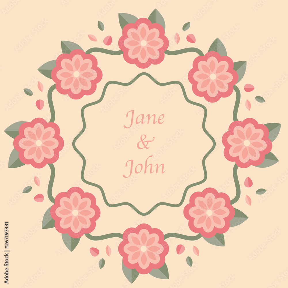 Floral greeting card template in flat style.