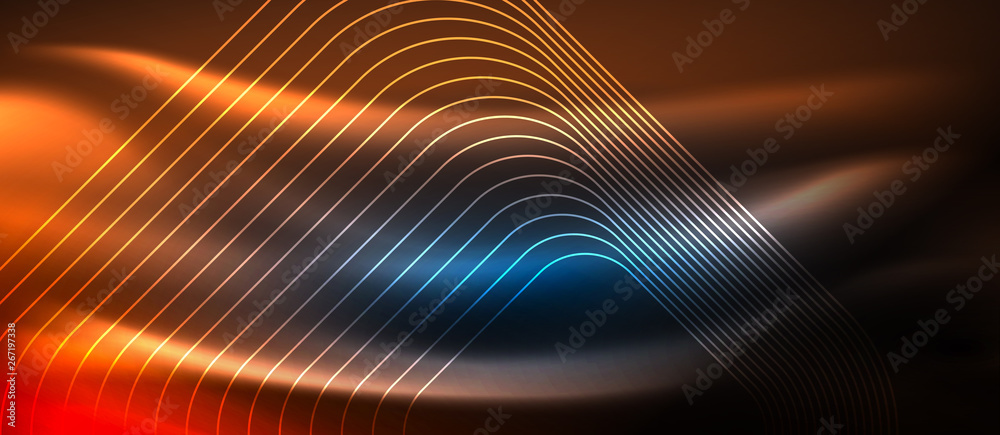 Neon glowing techno lines, hi-tech futuristic abstract background template with square shapes Neon glowing techno lines, hi-tech futuristic abstract background template with square shapes
