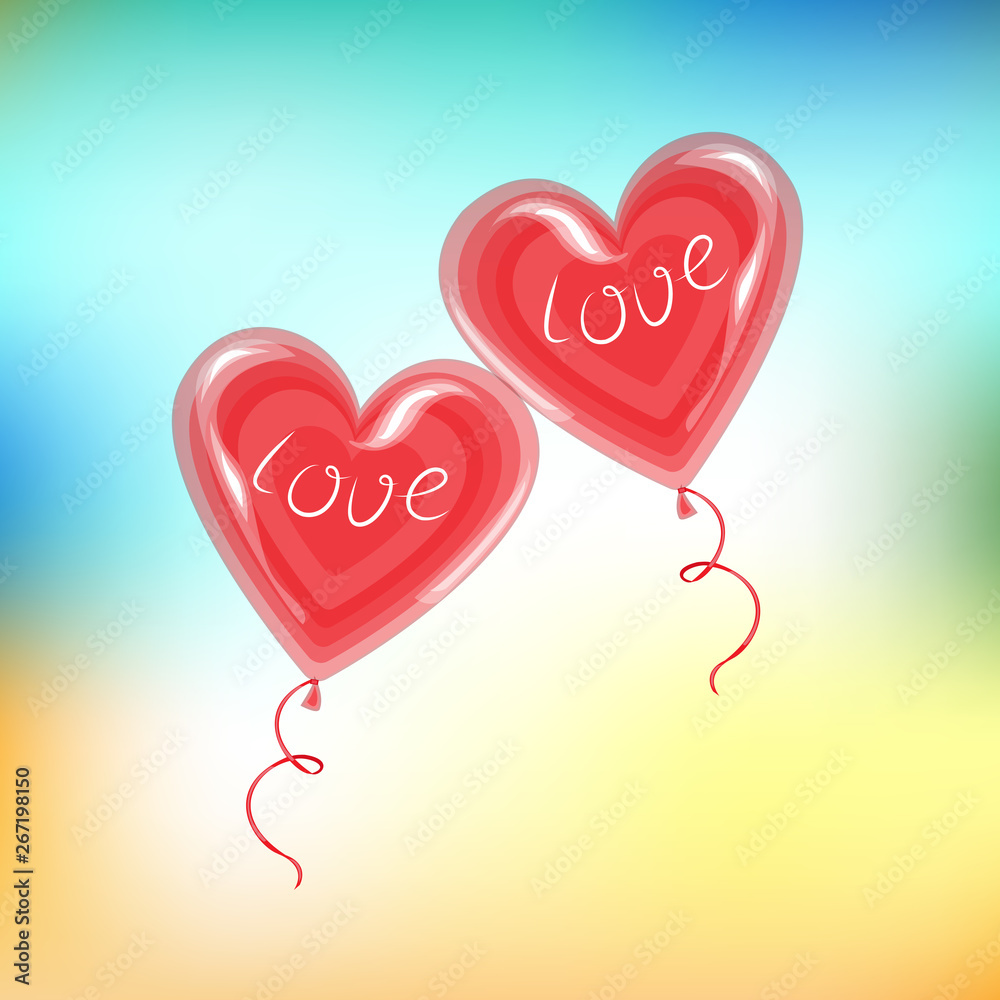 Two red balloons in the shape of a heart. A symbol of love. He comes in love with a Valentine s Day gift for a wedding. Vector illustration.