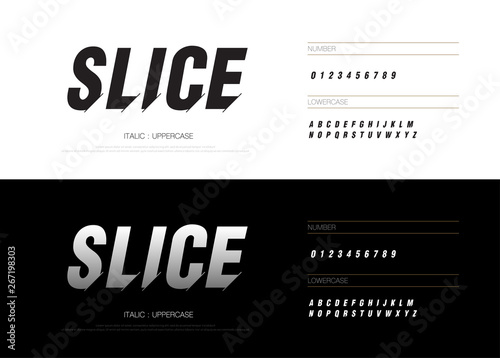 Modern abstract font alphabet numbers italic set. Technology and sport split concept graphic element