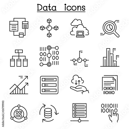 Data, database, graph, chart, diagram icon set in thin line style