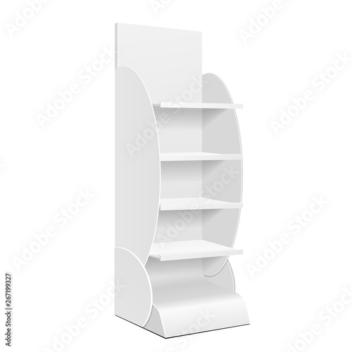 Mockup Blank Empty Showcase Displays With Retail Shelves, Trading Rack. Mock Up, Template. Illustration Isolated On White Background. Ready For Your Design. Product Advertising. Vector EPS10.