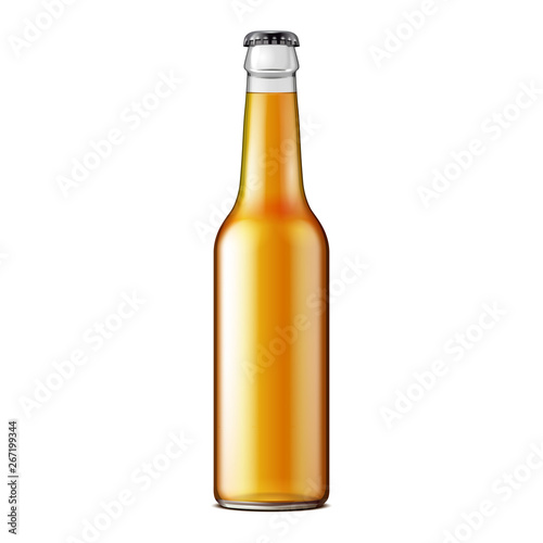 Glass Beer Lemonade Cola Clean Bottle Yellow Brown. Carbonated Soft Drink. Mock Up Template. Illustration Isolated On White Background. Ready For Your Design. Product Packaging. Vector EPS10