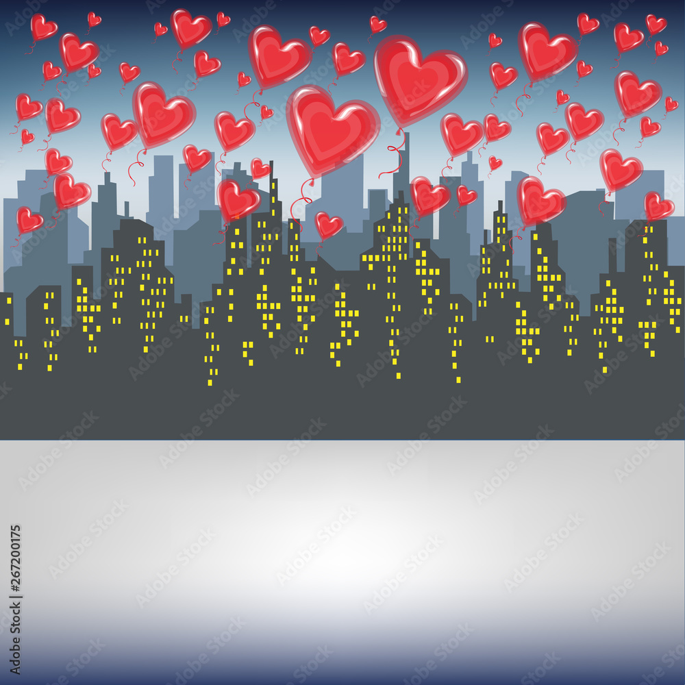 A lot of red gel balls fly against the silhouette of a big city. Bright morning sky. Lovers celebrating Valentines Day Vector illustration