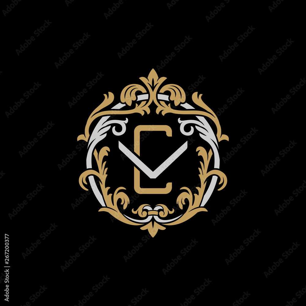 Initial letter V and C, VC, CV, decorative ornament emblem badge, overlapping monogram logo, elegant luxury silver gold color on black background Initial letter V and C, VC, CV, decorative ornament emblem badge, overlapping monogram logo, elegant luxury silver gold color on black background