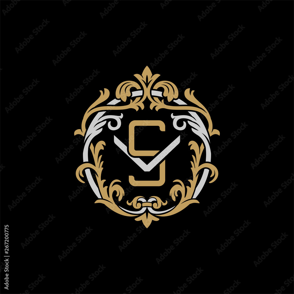 Initial letter V and S, VS, SV, decorative ornament emblem badge, overlapping monogram logo, elegant luxury silver gold color on black background Initial letter V and S, VS, SV, decorative ornament emblem badge, overlapping monogram logo, elegant luxury silver gold color on black background