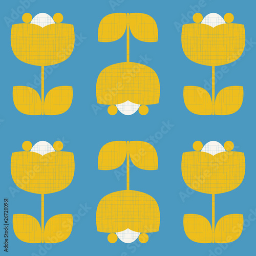 Modern vector abstract seamless geometric pattern with stylized flowers and leaves in retro scandinavian style.