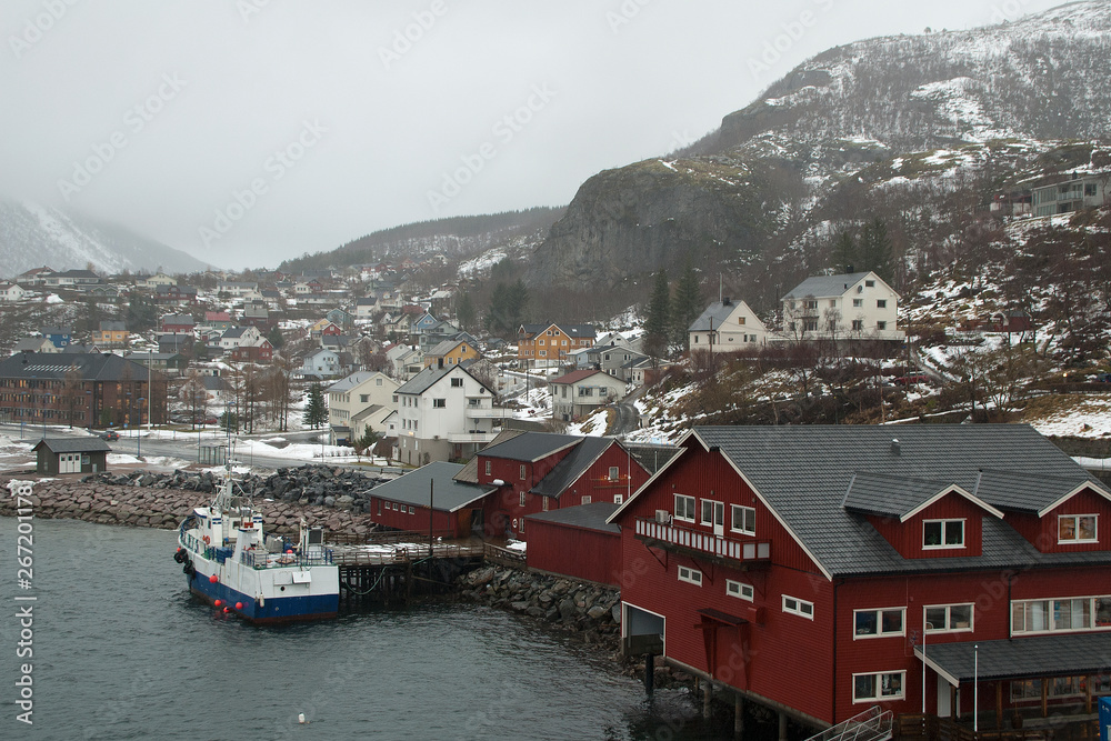 Ornes Norway, view of a coastal town on a gloomy winter day Ornes Norway, view of a coastal town on a gloomy winter day