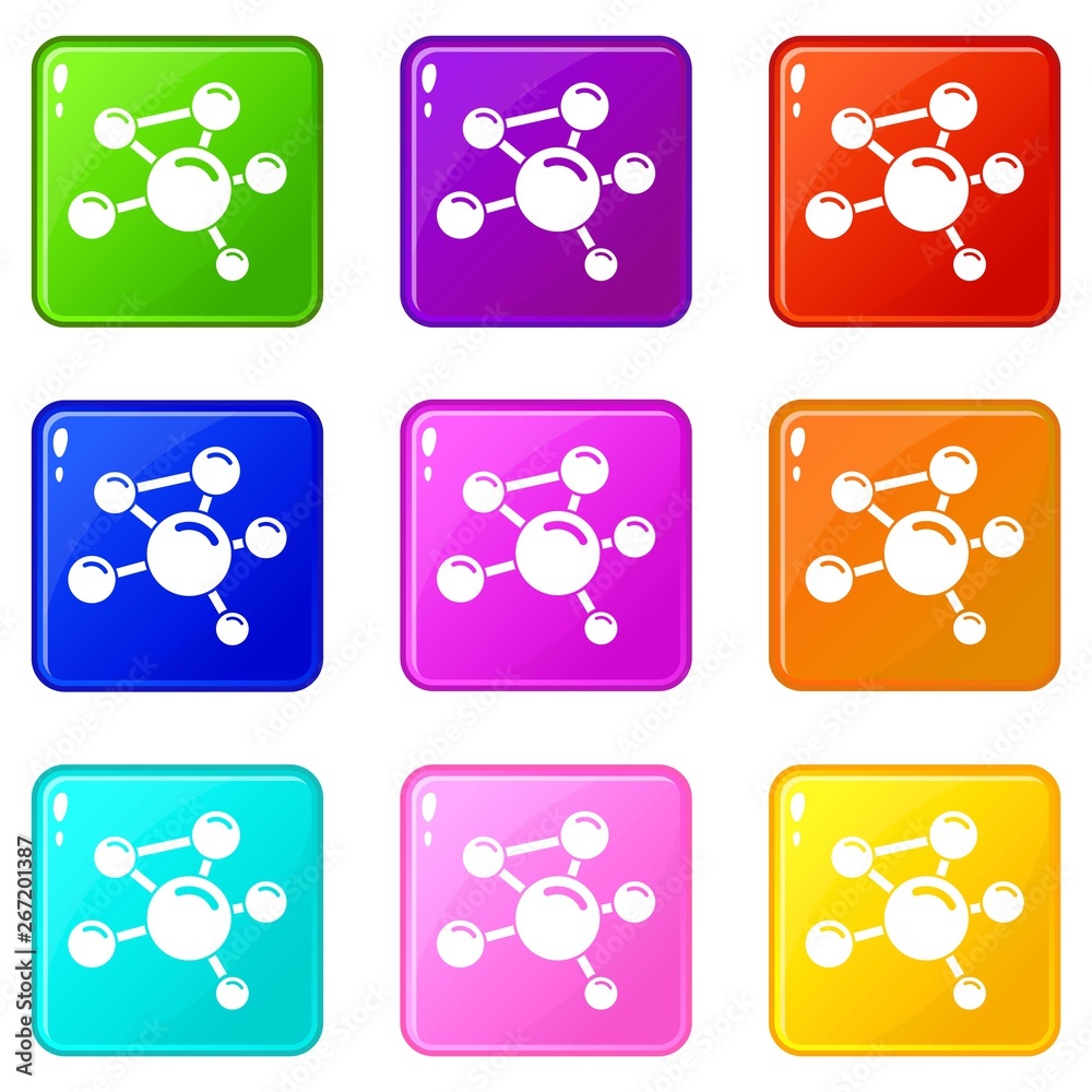 Molecule molecular icons set 9 color collection isolated on white for any design