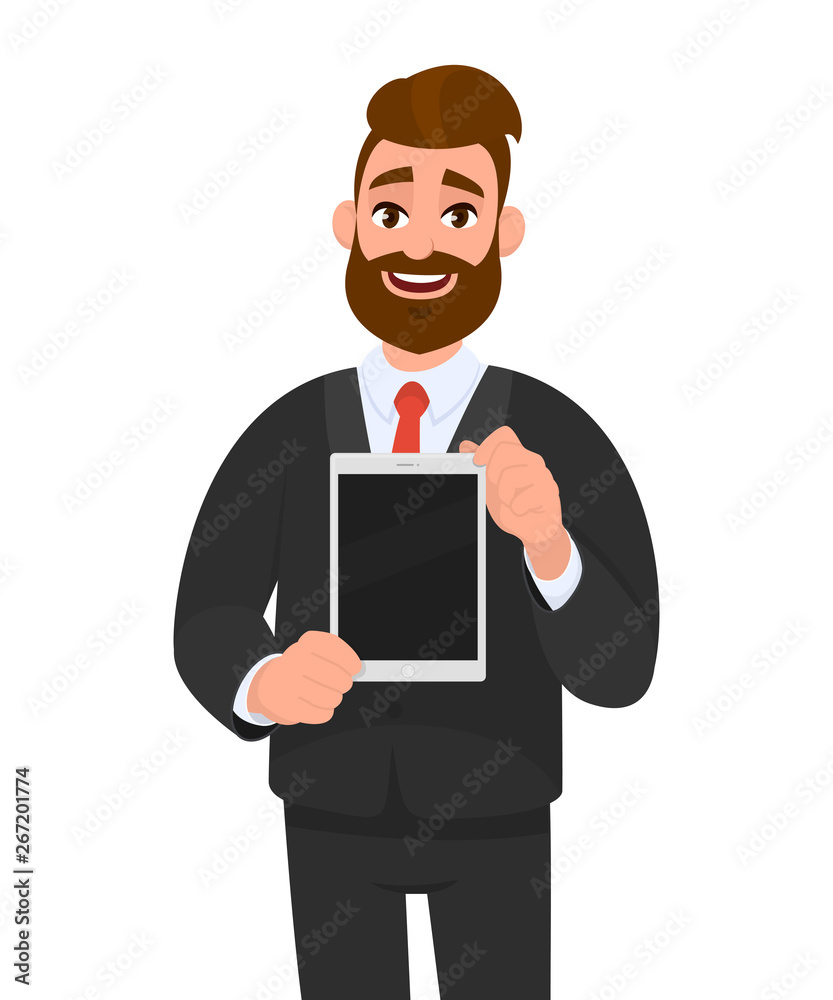 Positive happy young bearded business man showing/holding blank screen of digital tablet computer in hands. Modern technology, latest trend, digital gadget and device concept illustration in cartoon. Positive happy young bearded business man showing/holding blank screen of digital tablet computer in hands. Modern technology, latest trend, digital gadget and device concept illustration in cartoon.
