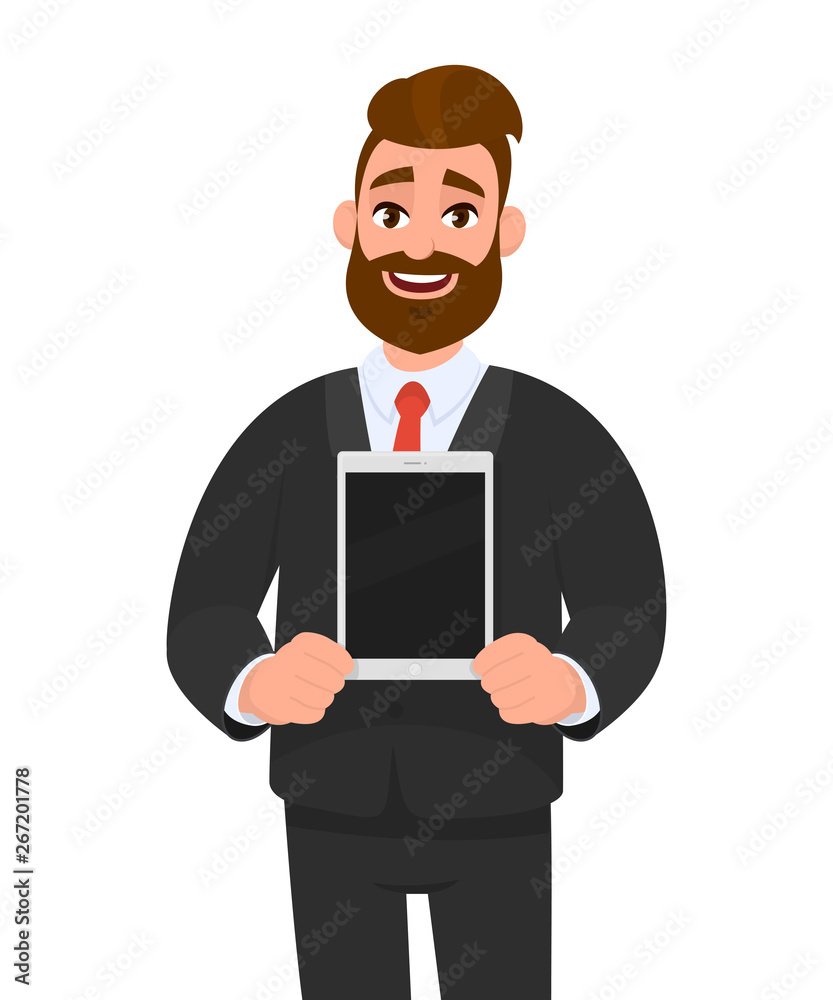 Happy young bearded business man showing/holding blank screen of new digital tablet computer in hands. Modern technology, latest trends, digital gadget and device concept illustration in cartoon.
