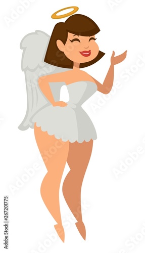 Woman in sexy angel costume with wings and halo Halloween party