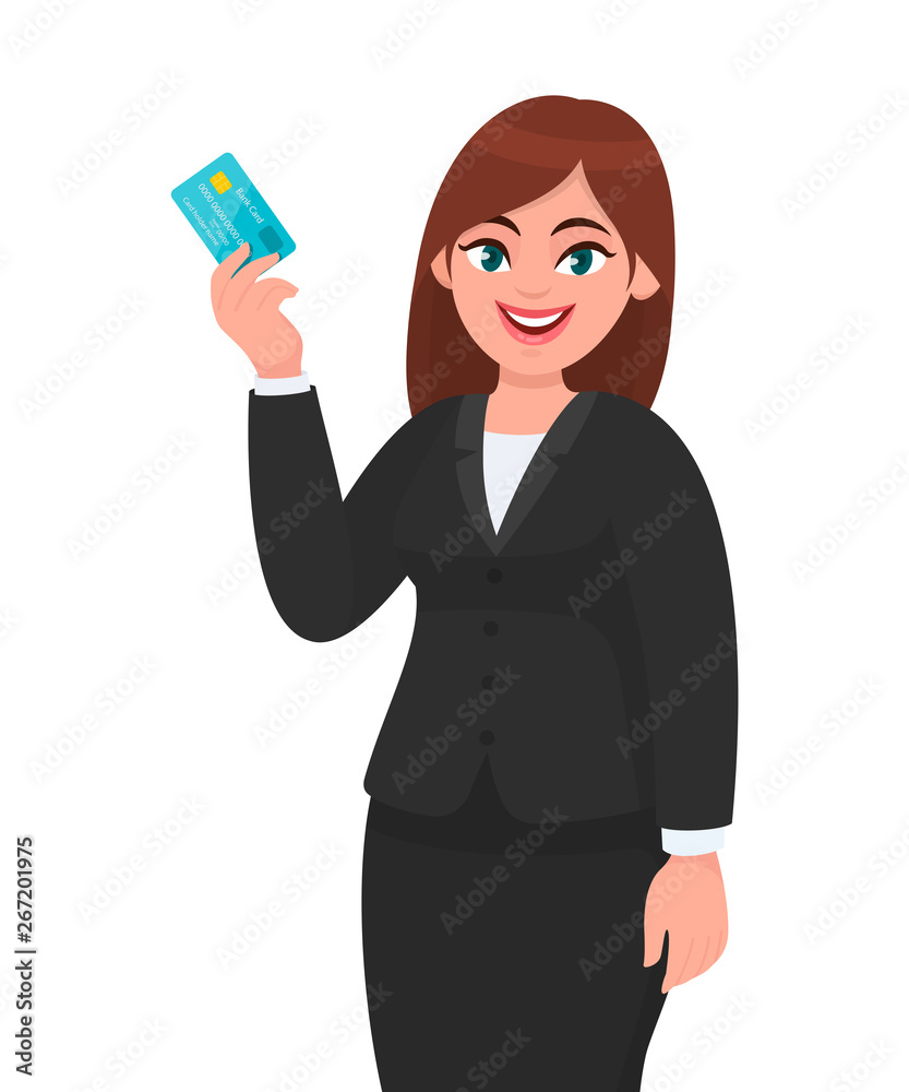 Professional young business woman showing or holding credit/debit/ATM card. Female executive displaying banking card. Modern lifestyle, digital technology payment concept illustration in cartoon. Professional young business woman showing or holding credit/debit/ATM card. Female executive displaying banking card. Modern lifestyle, digital technology payment concept illustration in cartoon.