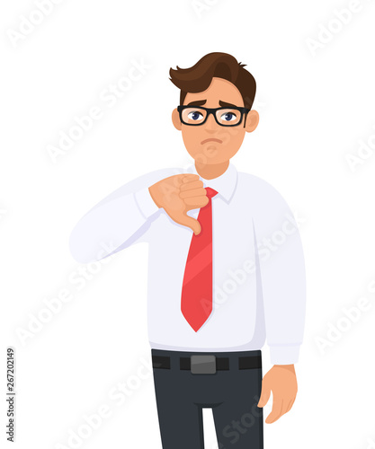 Unhappy, young handsome man showing/gesturing thumbs down sign. Bad, dislike, disagree, disapprove, negative human emotions, facial expressions, feelings concept illustration in vector cartoon style.