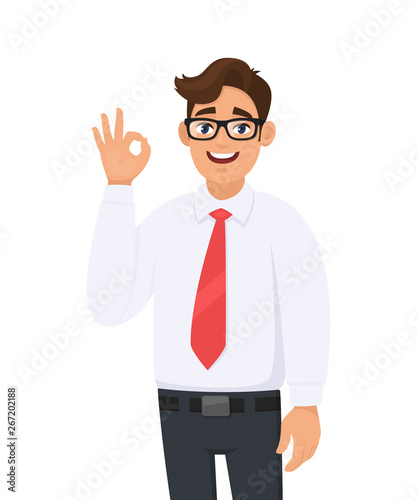 Portrait of a cheerful young business man showing/gesturing/making okay or ok sign with hand and fingers. Human emotions, facial expressions, feelings concept illustration in vector cartoon style.