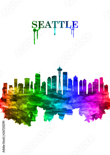 Seattle Washington skyline Portrait Rainbow © Towseef
