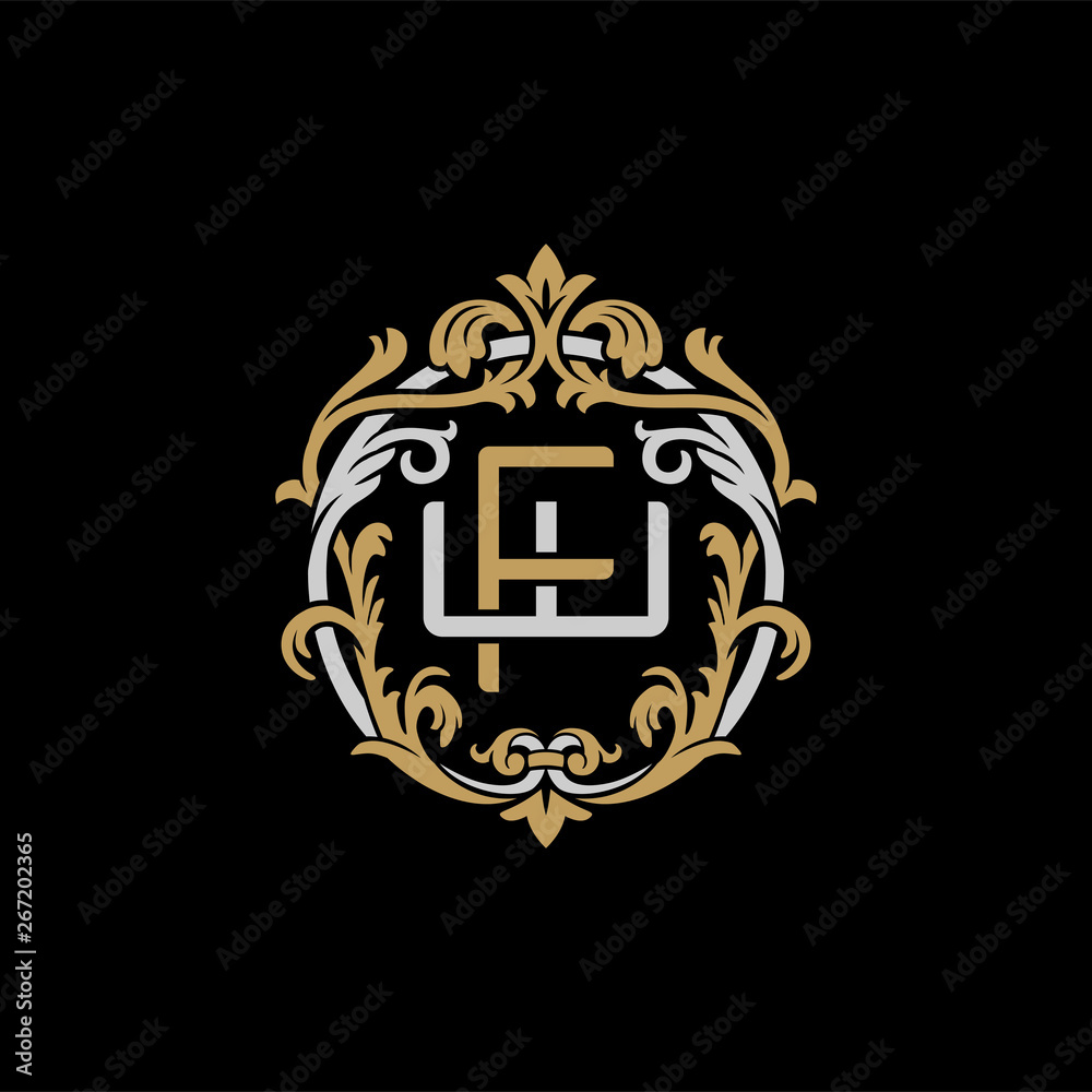Initial letter W and F, WF, FW, decorative ornament emblem badge, overlapping monogram logo, elegant luxury silver gold color on black background Initial letter W and F, WF, FW, decorative ornament emblem badge, overlapping monogram logo, elegant luxury silver gold color on black background