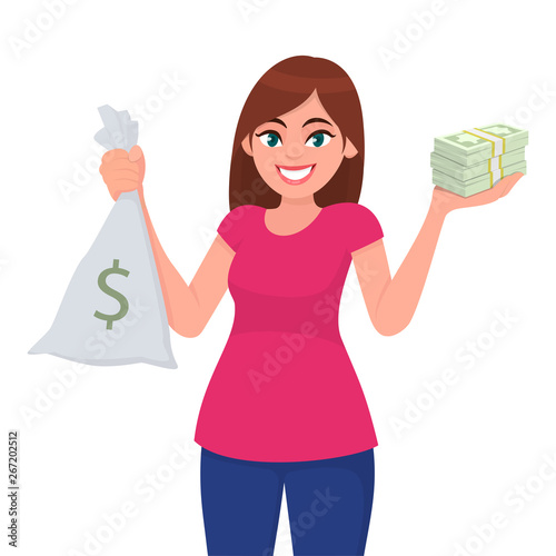 Pretty young girl, woman or female holding/showing money, cash or bunch of currency notes and bag with dollar sign. Modern lifestyle, investment, mutual fund, savings, profit concept illustration.