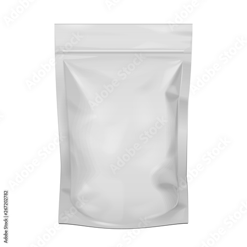 Mockup Blank Food Stand Up Flexible Pouch Snack Sachet Bag. Mock Up, Template. Illustration Isolated On White Background. Ready For Your Design. Product Packaging. Vector EPS10