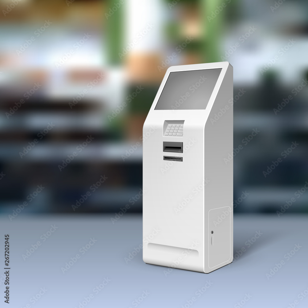 Mockup Payment Information Terminal. ATM, POS, POI Advertising Outdoor, Indoor Stand. 3D Mock Up, Template. Illustration On Realistic Background Shop, Mall. Vector EPS10 Mockup Payment Information Terminal. ATM, POS, POI Advertising Outdoor, Indoor Stand. 3D Mock Up, Template. Illustration On Realistic Background Shop, Mall. Vector EPS10