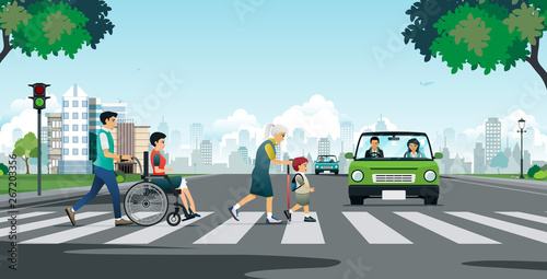 Print op canvas Elderly and disabled people crossing the road