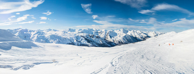 Panoramic view down snow covered valley in alpine mountain range
