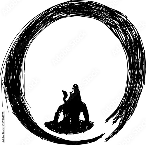 Black and white illustration of shiva in a circle of zen. Tattoo idea.