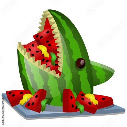 Ripe watermelon cut in the shape of a shark head isolated on white background. Vector cartoon close-up illustration.