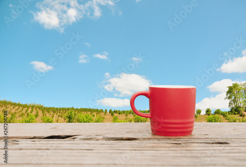 Red cup of coffee on wooden table against orange farm view background