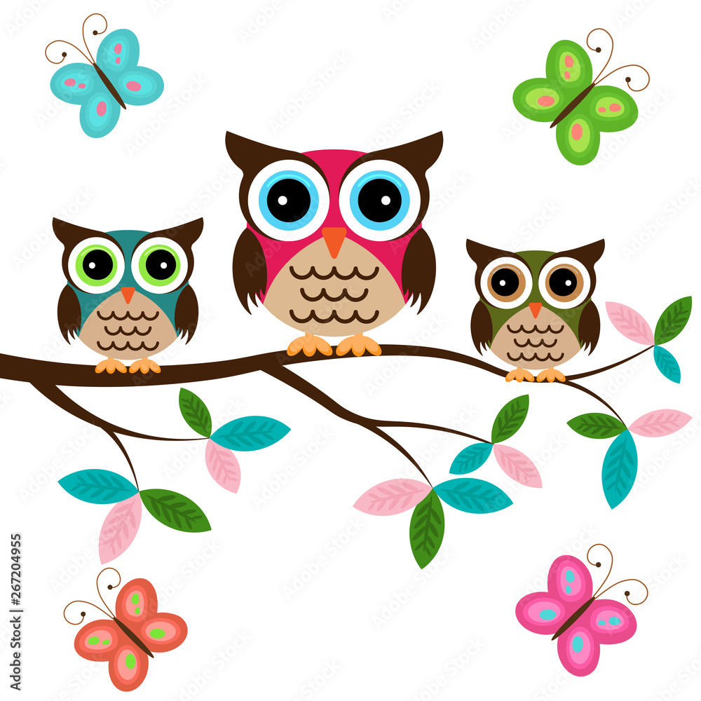 Fototapeta premium Owl family on a tree with butterflies