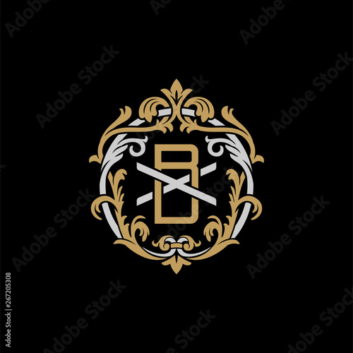 Initial letter X and B  XB  BX  decorative ornament emblem badge  overlapping monogram logo  elegant luxury silver gold color on black background