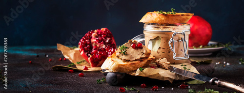 Meat liver pate on toasted bread with fruit seeds and spice herb, brown kitchen table, copy space, selective focus photo