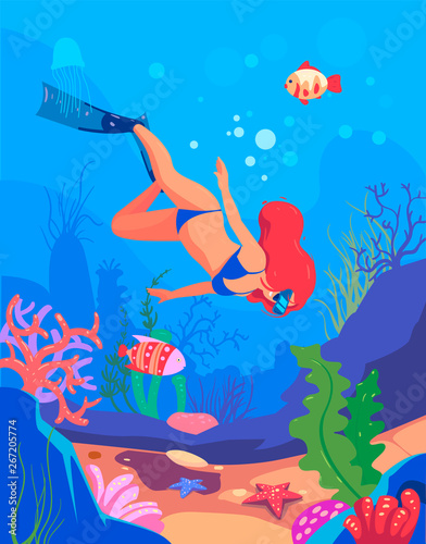 Diver. Underwater world. Girl dive