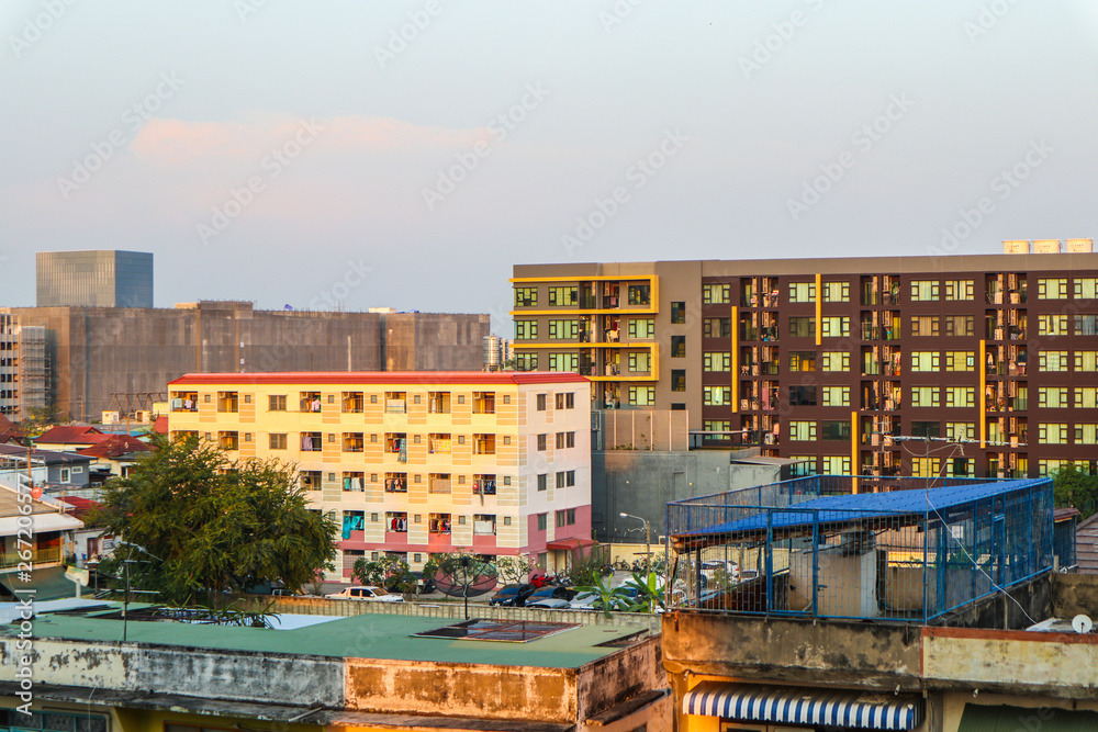 Condominium block city building sunset sky