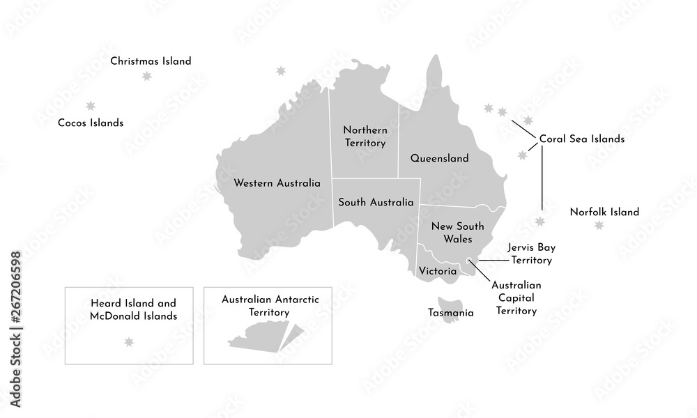 Vector isolated illustration of simplified administrative map of Australia. Borders and names of the provinces (regions). Grey silhouettes. White outline