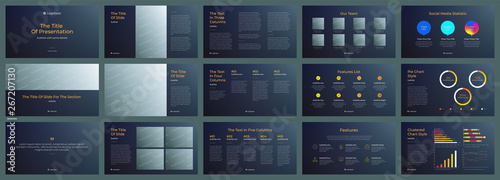 Presentation template, dark background. For Power Point, ppt, or Keynote layout. Vector infographics. For Business presentation or proposal, leaflet, corporate annual report, marketing, advertising. photo