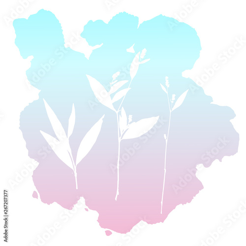 Fototapeta Naklejka Na Ścianę i Meble -  Botanical illustration with herbs, plants, flowers and leaves. Isolated white vector silhouettes on gradient background. Graphic design for background, card, web banner, poster, invitation.