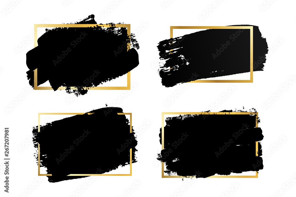 Brush strokes set, gold text box, isolated white background. Black