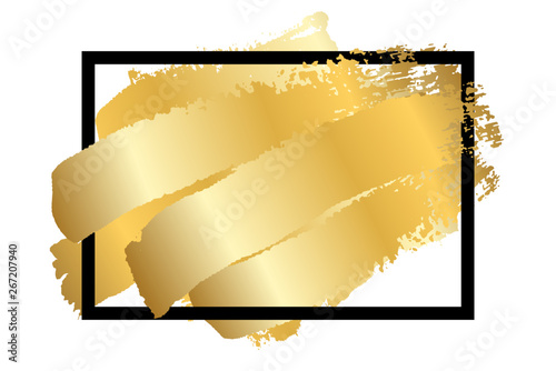 Gold brush in black square frame isolated white background. Golden stroke abstract texture. Fashion border. Gold foil glitter smear. Shine design wedding invitation, sale banner. Vector illustration