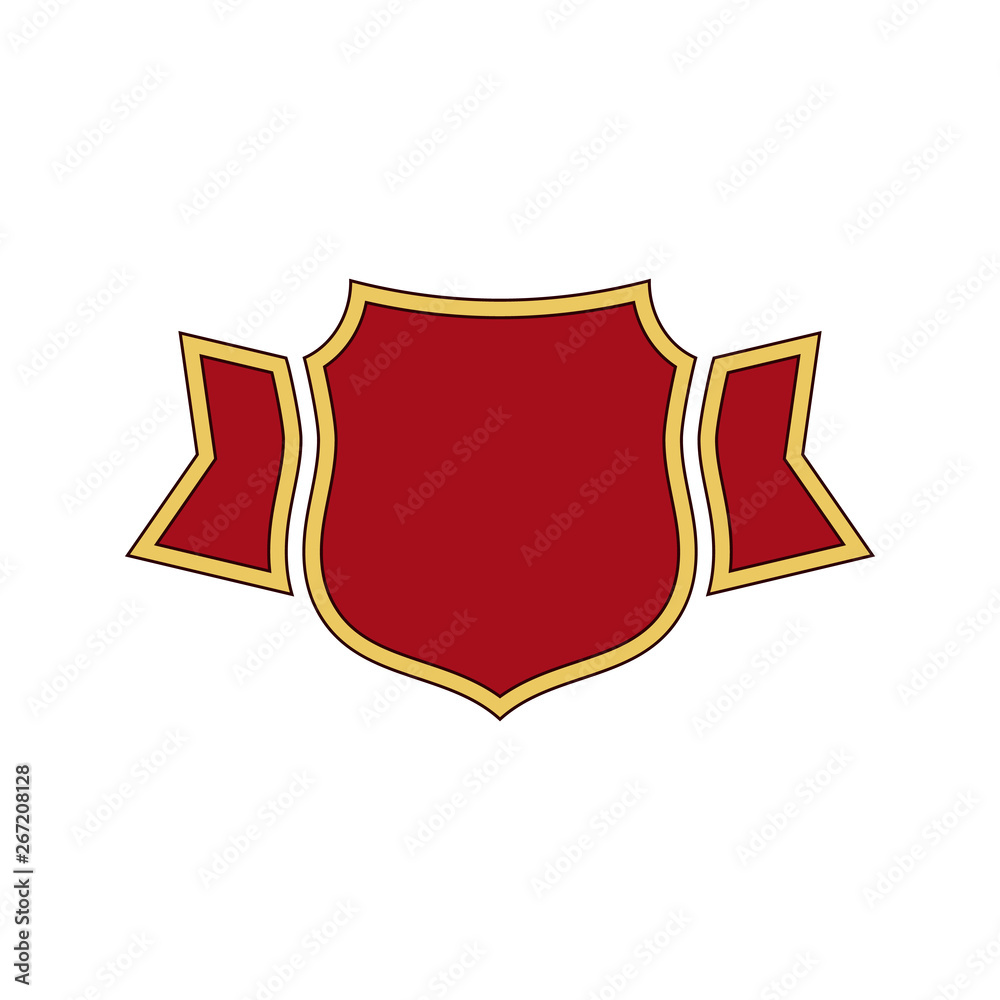 Shield red icon. Gold outline shield, golden simple ribbon isolated white background. Flat sign Symbol arms, security badge, heraldic insignia, guard protect. Safety element crest. Vector illustration Shield red icon. Gold outline shield, golden simple ribbon isolated white background. Flat sign Symbol arms, security badge, heraldic insignia, guard protect. Safety element crest. Vector illustration